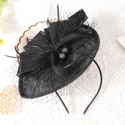 AQOKKA Women Fascinators Hats Flower Mesh Feathers Headband Clip - color: 1 Pc Feather Fascinators : Black