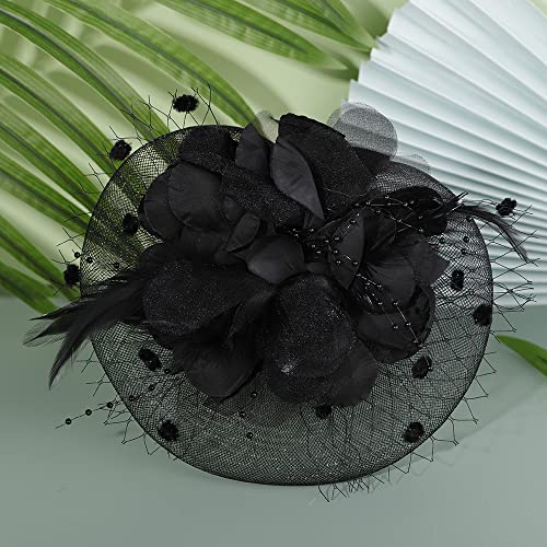 JWICOS Fascinators Hat for Women 50s Flower Hat with Veil Cocktail Wedding Tea Party Church Derby Hat - color: Black