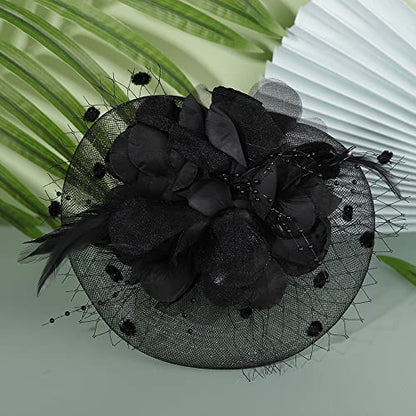 JWICOS Fascinators Hat for Women 50s Flower Hat with Veil Cocktail Wedding Tea Party Church Derby Hat - color: Black