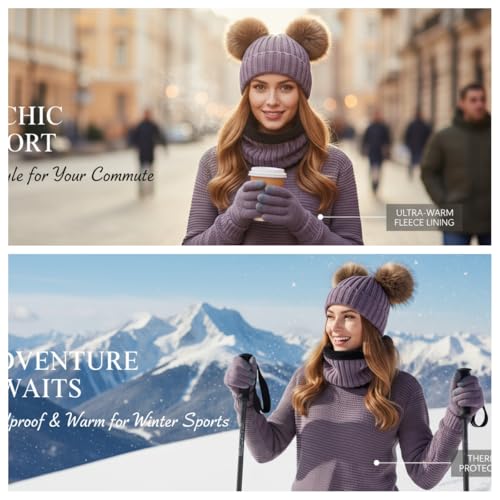 3 Pcs Women Winter Knit Beanie Hat Scarf Touchscreen Gloves Set Warm Soft Thick Fleece Lined Skull Cap with Double Pom Pom - color: Purple
