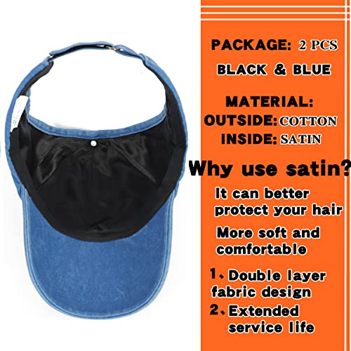 2 Pack Backless Cap for Women Natural Curly Hair Hat Baseball Cap Afro Puff Ponytail Hat - color: Black+blue