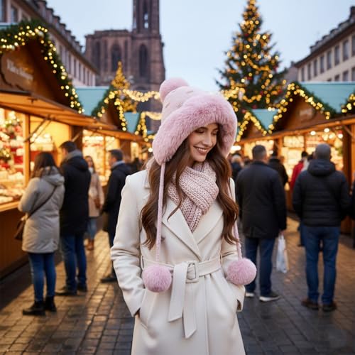 Women Winter Sherpa Beanie Hats Knit Ear Flap Hat Fleece Lined - color: Pink With 3 Pompoms