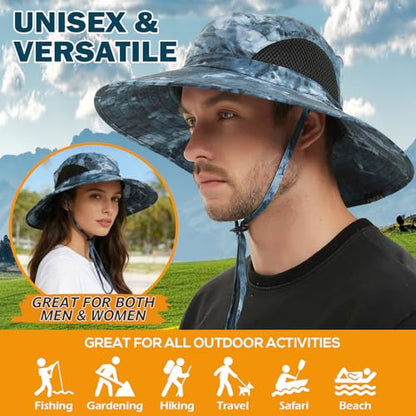 Wide Brim Sun Bucket Hat, Waterproof Boonie Hat for Men & Women - color: 05 Navy Blue (Camo)