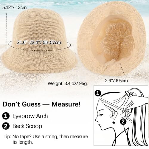 Babalet Summer Straw Beach Sun Hats for Women Packable Floppy Bucket Hat - color: Beige