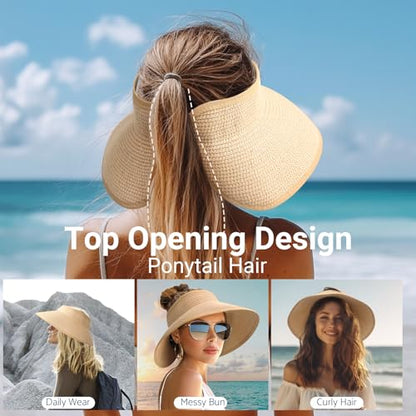 PFFY Sun Visor Hats for Women Wide Brim Straw Packable Ponytail Beach Hat - color: Khaki