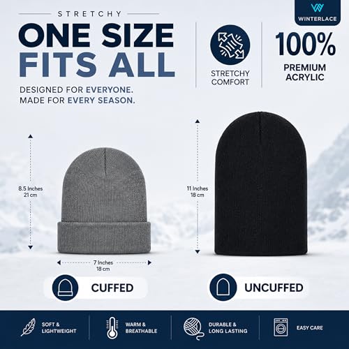 Thick Winter Beanie for Men Women Stretchy Thermal Knit Premium Cuffed Hat Skull Cap Toboggan - color: Black & Gray (2-pack)