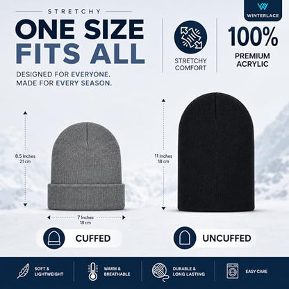 Thick Winter Beanie for Men Women Stretchy Thermal Knit Premium Cuffed Hat Skull Cap Toboggan - color: Black & Gray (2-pack)
