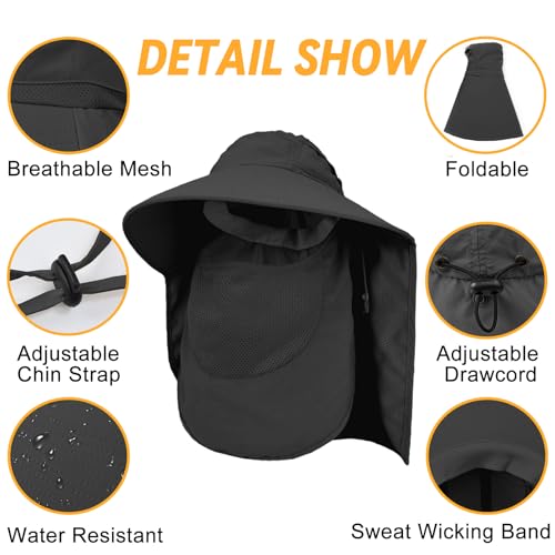 Sun Hats for Men Women Detachable Face Cover Wide Brim Fishing Hats with Neck Flap UPF 50+ Outdoor Safari Hats - color: Black