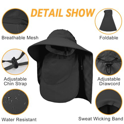 Sun Hats for Men Women Detachable Face Cover Wide Brim Fishing Hats with Neck Flap UPF 50+ Outdoor Safari Hats - color: Black
