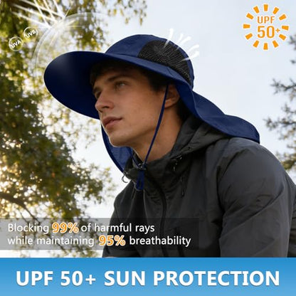 Sun Hat for Men Women with Neck Flap,UPF 50+ UV Protection Fishing Hat - color: 1pack-navysleeves