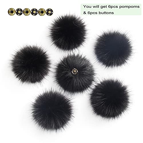 Pack of 6 Detachable Faux Fox Fur Pom Poms for Hats with Snap 4.3inch/11CM DIY Handmade Accessories (Black) - color: Black