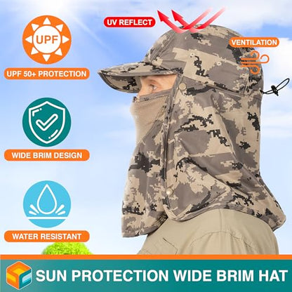 SUN CUBE Fishing Sun Hat with Neck Flap & Face Cover, Wide Brim UPF50+ Cap - color: Camo Grey