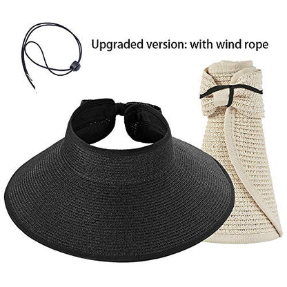 Women Sun Visors Foldable Straw Hats Summer Beach Packable Hat Floppy Wide Brim Cap Deep Style, Adjustable Size - color: Black+beige
