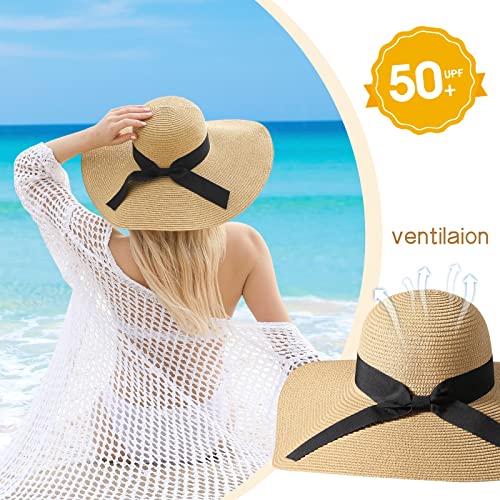 Beach Hat for Women, Wide Brim Sun Straw, UPF 50+ Foldable Floppy Sun Hat - color: B-khaki