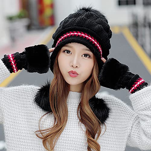 Bellady Women Knit Beanie Winter Ski Hat Cap with Earflap Pom Glove Set - color: Black