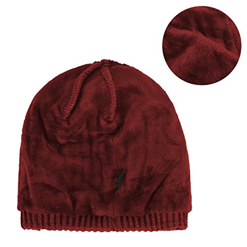 Original One Winter Wool Knitted Chunky Visor Beanie Hat with Brim Fur Lined Peaked Ski Cap - color: Red