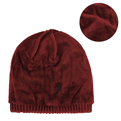 Original One Winter Wool Knitted Chunky Visor Beanie Hat with Brim Fur Lined Peaked Ski Cap - color: Red