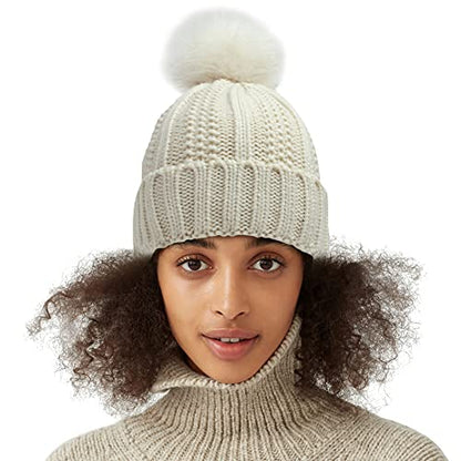 Muryobao Womens Satin Lined Beanie Hat with Faux Fur Pom Cuffed Winter Warm Knit Skull Cap - color: Beige