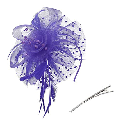 Century Star 2026 Kentucky Hat Derby Fascinator for Women Tea Party Flower Mesh Ribbons Feathers Headband Hair Clips - color: Deep Purple