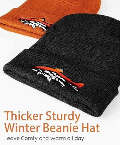 Knit Winter Beanie Hats for Men Women Cuffed Skull Cap with Mountain Embroidery Outdoor Christmas & New Year Gifts - color: Fish/Black