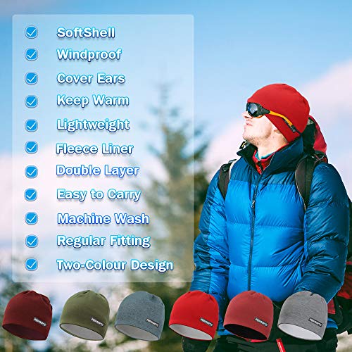 EMPIRELION Softshell Winter Fleece Lined Beanie Hats, 9" Running Skull Cap Thermal Tactical Watch Cap Men Women - color: Grey Mel.