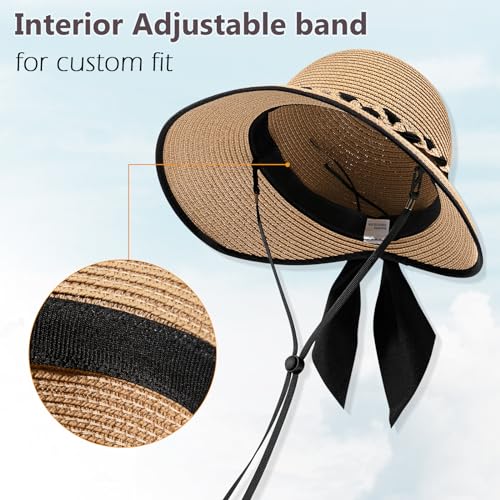 Pleneal Beach Sun Staw Hats for Women, UPF 50+ Foldable Wide Brim Sun Hat - color: Khaki - a