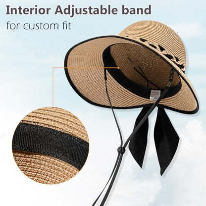 Pleneal Beach Sun Staw Hats for Women, UPF 50+ Foldable Wide Brim Sun Hat - color: Khaki - a