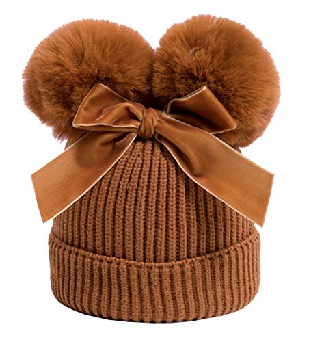 YATEEN Infant Toddler Baby Knitting Woolen Hat Winter Warm Double Pompom Beanie Cap with Bow - color: Deep Yellow