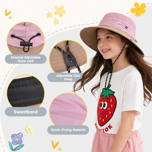 ZOORON Kids UPF 50+ Sun Hat for Boys Girls Wide Brim Lightweight Bucket Hat for Hiking Beach Safari, Quick Dry Adjustable - color: 1pack-coffee Pink