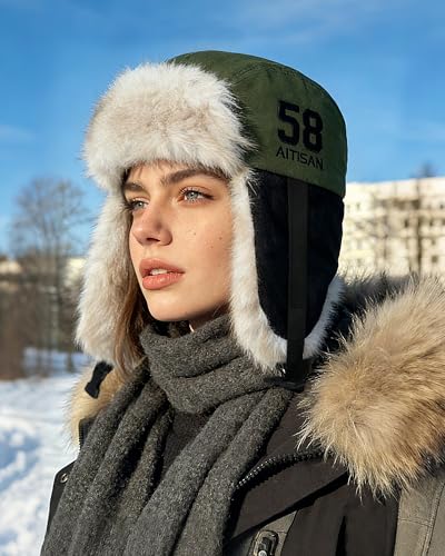 Croogo Trapper Hat Winter Hats for Men Trooper Russian Warm Hat with Ear Flaps Women Ushanka Fur Hat Windproof Ski Hat - color: Pl2510-green