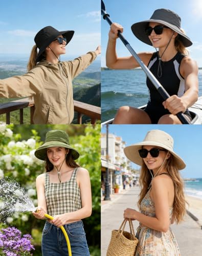 Rosoz Women Sun Hat with Ponytail Hole Wide Brim Bucket Hats UPF 50+ Beach Hiking Gardening Hat Water-Resistant Outdoot Hat - color: Khaki