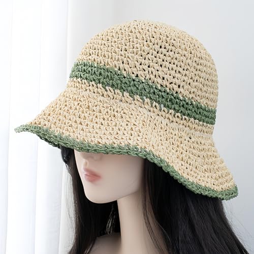 Floppy Big Beach Straw Hats for Women Foldable Summer Wide Brim Packable Sun Hat Womens Travel Straw Fedora Hat - color: Beige-green