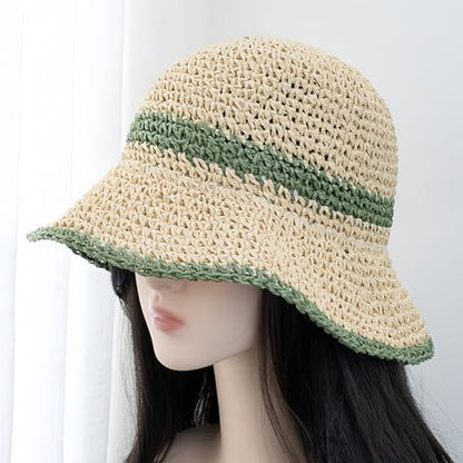 Floppy Big Beach Straw Hats for Women Foldable Summer Wide Brim Packable Sun Hat Womens Travel Straw Fedora Hat - color: Beige-green