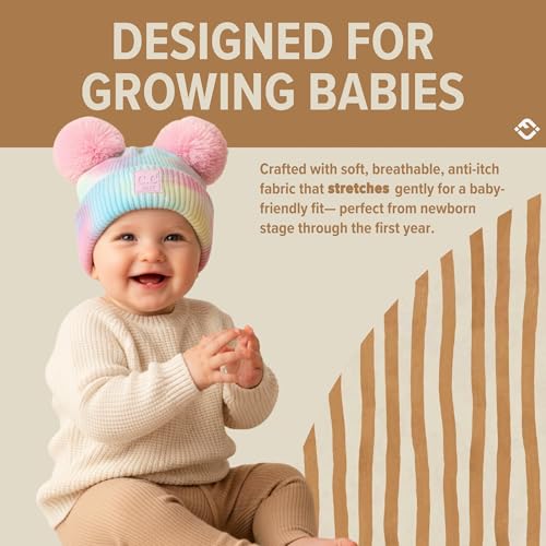 Funky Junque Double Pom Pom Baby Beanie – Newborn Girl Winter Hat 0–12 Months, Cute Cozy Knit Infant Beanies for Cold Weather - color: Tie Dye - Cotton Candy - Double Pom