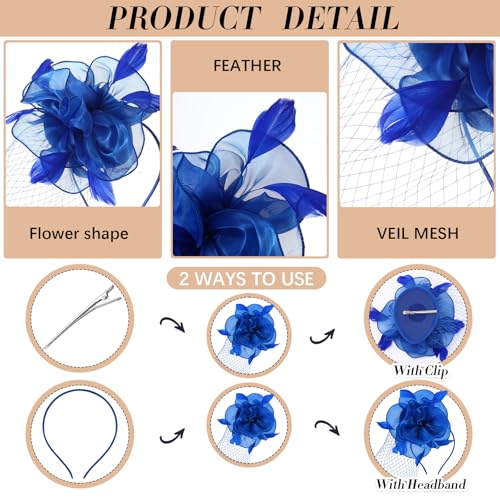 Tarpop 16 Pcs Fascinators Hat Tea Party for Women Flower Mesh Fascinators Hat Wedding Feather Headband Cocktail Hair Clip - color: Colorful, style: Retro