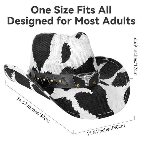 WQWOVRVO Cowboy Hat,Cowgirl Hat,Western Cowboy Hats for Women/Mens/Straw Wide with Shapeable Brim Cowboy Hat for Womens - color: Black Cow Pattern