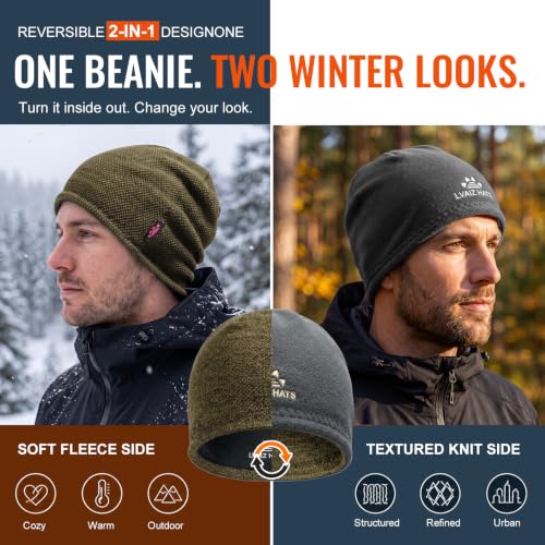 2 Pack Fleece Lined Beanie Hat Reversible Knit Skull Cap for Men Women - color: Black+khaki