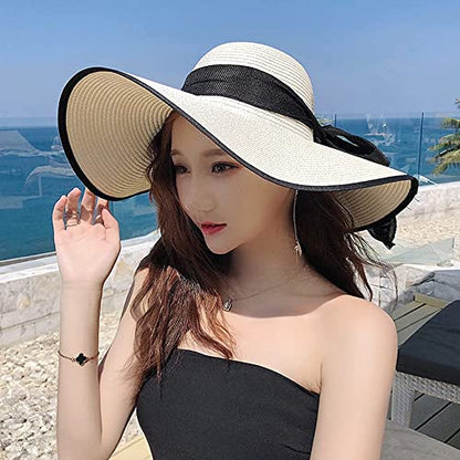 FSIGOM Women's Folable Floppy Hat,Wide Brim Sun Protection Straw Hat, Summer UV Protection Beach Cap - color: C1-e-beige2, size: Medium