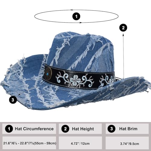 Western Cowboy Hat for Man Women Classic Cowgirl with Buckle Belt Shapeable Wide Brim Outback Hat - color: Blue