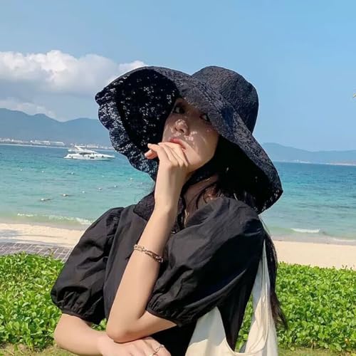 Women Lace Beach Church Sun Hat Wide Brim Travel Bucket Fishing Hat - color: Black