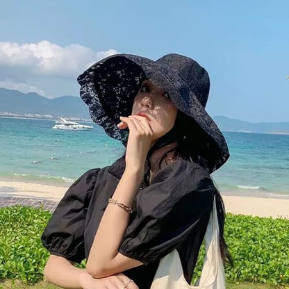 Women Lace Beach Church Sun Hat Wide Brim Travel Bucket Fishing Hat - color: Black