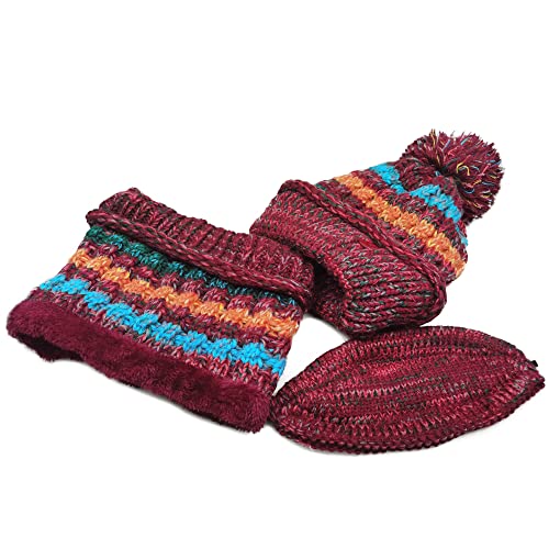 Ypser Women's Winter Warm Knitted Crochet Hat Fleece Lined Cable Faux Fur Pom Pom Beanie Hat Skull Cap - color: Red 3 Pcs Set (Hat & Scarf & Face Mask)