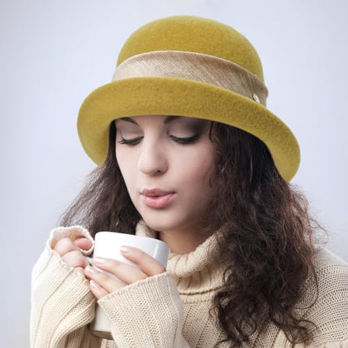 Women Vintage Cloche Bucket Hat Elegant 1920s Wool Fedora Church Derby Party Winter Packable Hats - color: Yellow