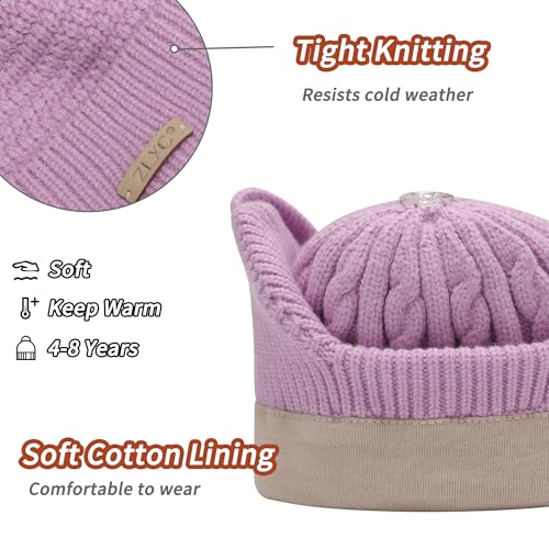 ZLYC Kids Girls Boy Winter Hat Cotton Lined Pom Pom Beanie Earflap Knit Cap - color: Solid Light Purple