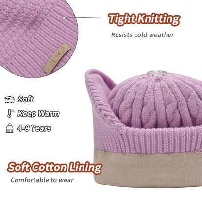 ZLYC Kids Girls Boy Winter Hat Cotton Lined Pom Pom Beanie Earflap Knit Cap - color: Solid Light Purple