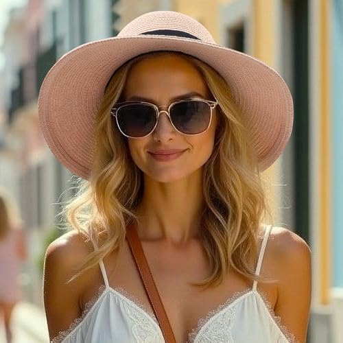 DRESHOW Sun Hats for Women Travel Fedora Foldable Beach Sun Hat Summer Wide Brim Straw Bucket Hat with Bowknot UPF 50+ - color: 1 Pack With Bowknot: Nude Pink