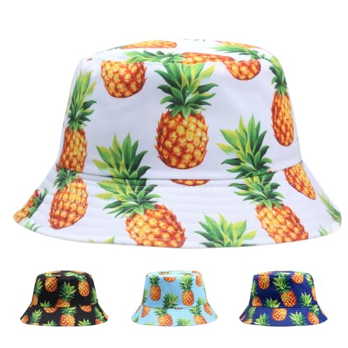 Funny Bucket Hat Foldable Festival Hats Wide Brim Hat Unisex Reversible Fisherman Hats Fruit Patterns - color: Pineapple-white