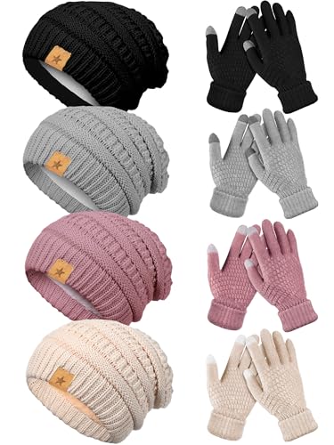JaGely 8 Pieces Women Winter Hats and Gloves Set Women Warm Touchscreen Knitted Lined Gloves Winter Beanies - color: Black, Gray, Pink, Beige