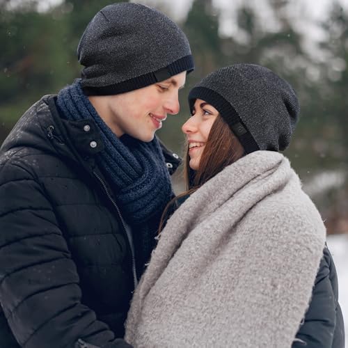 Fleece Lined Mens Beanie Scarf Set Thick Knit Winter Hat Neck Warmer Unisex - color: Navy Blue