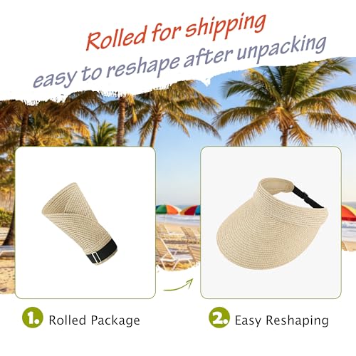 3 Pack Women Straw Sun Visor Hats, Wide Brim UV UPF 50+ Protection Beach Visor, Packable Adjustable Summer Hats for Traveling - color: Beige+beige+beige